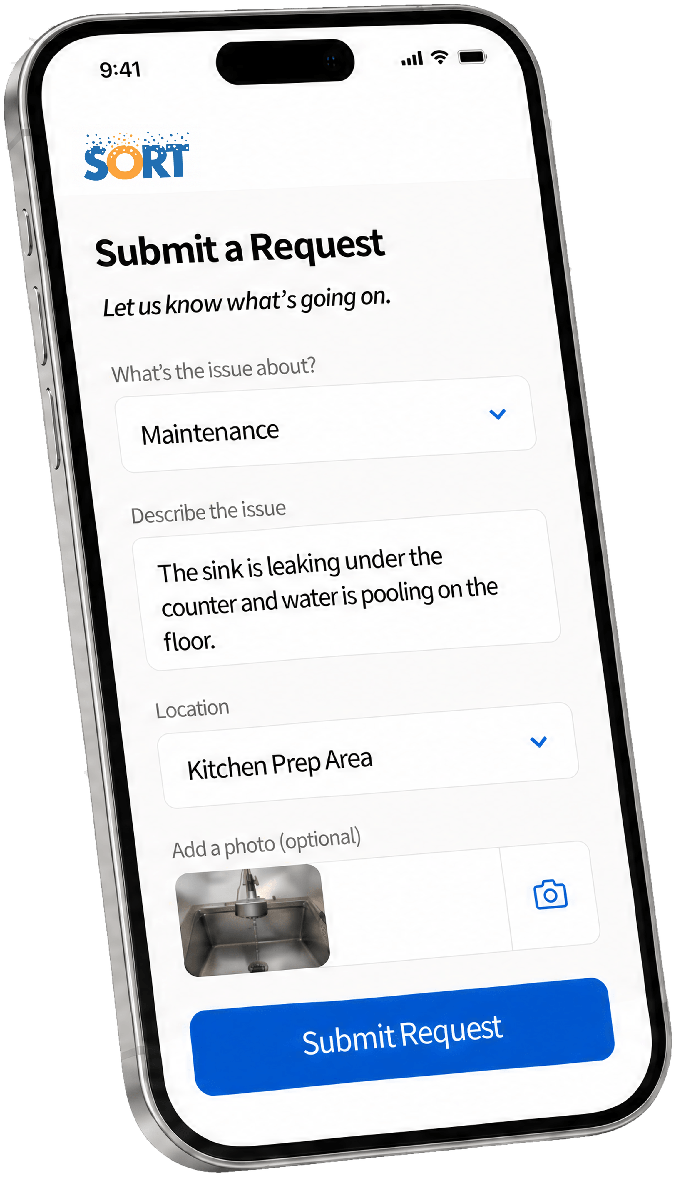 The SORT submission form on a phone — reporting the leaking sink