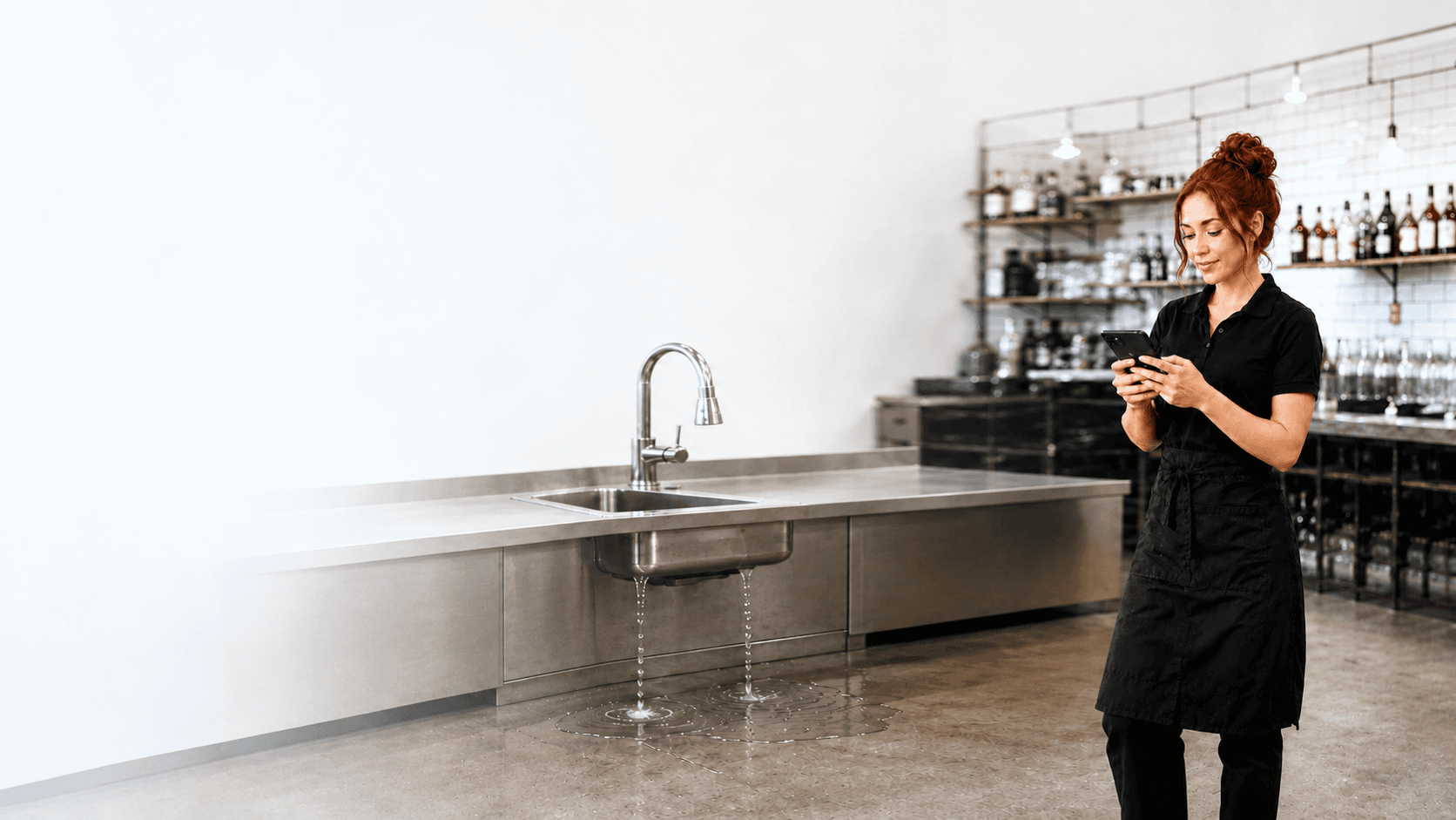 A restaurant server on the floor noticing a leaking prep sink and reaching for her phone to report it